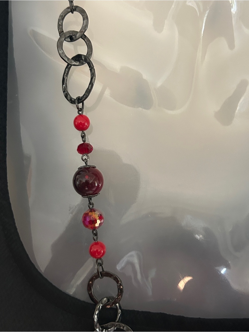 Red Beaded Long Necklace with Textured Rings​ - Picture 9 of 12